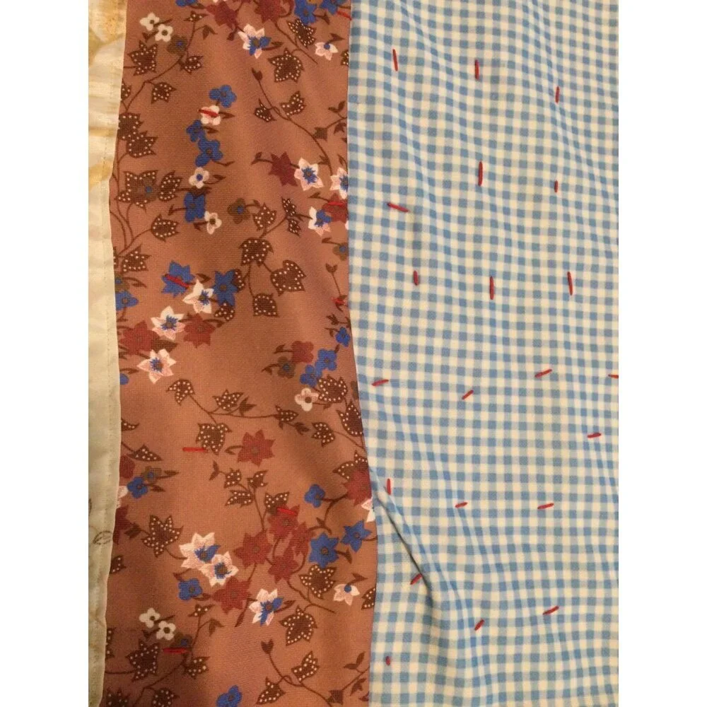 Vintage handmade Quilt Large Blocks floral gingham 82 x 105 blanket